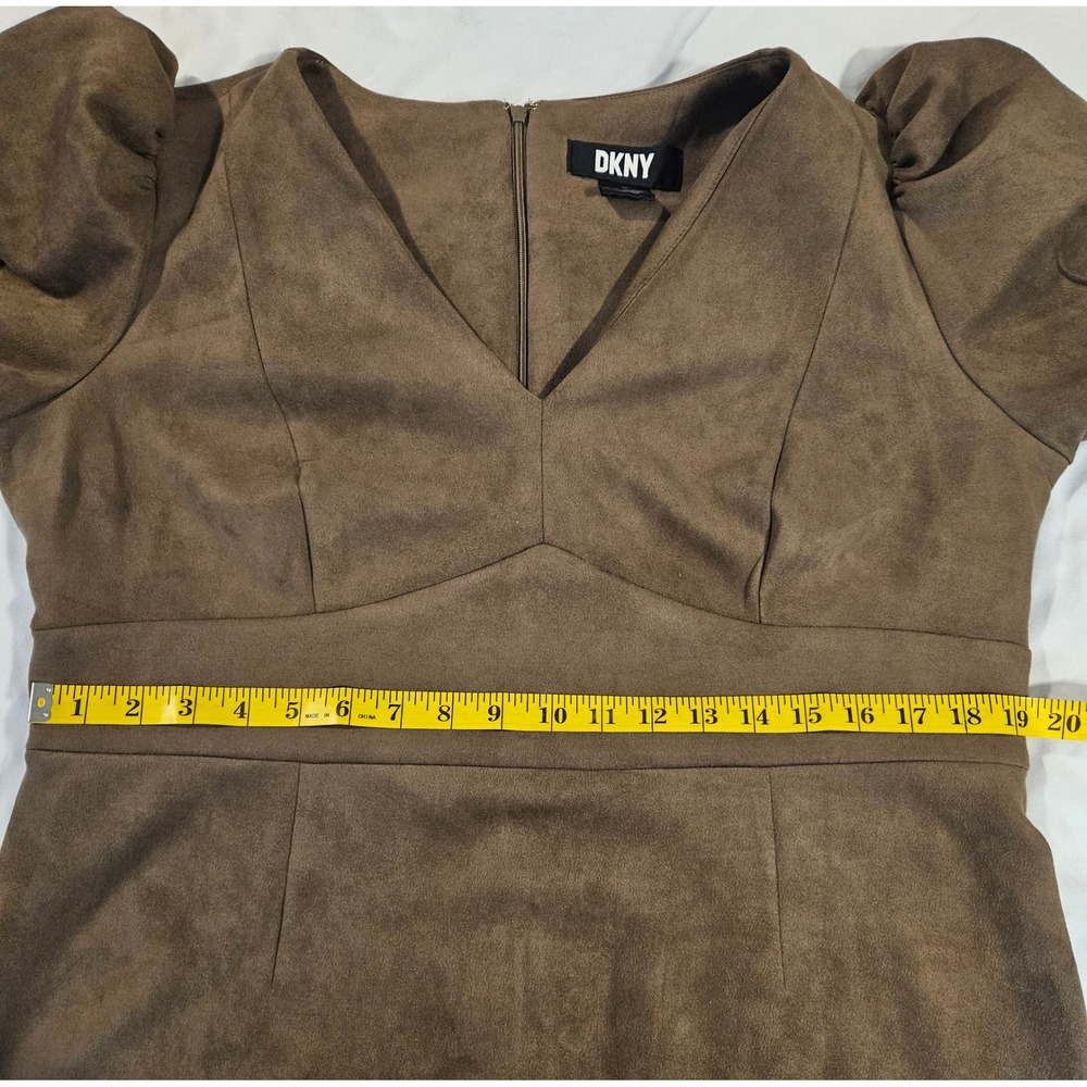 DKNY Brown Faux Suede V-Neck Puff Sleeve Mini Sheath Dress Sz 16 Party Sexy Chic - Picture 9 of 9